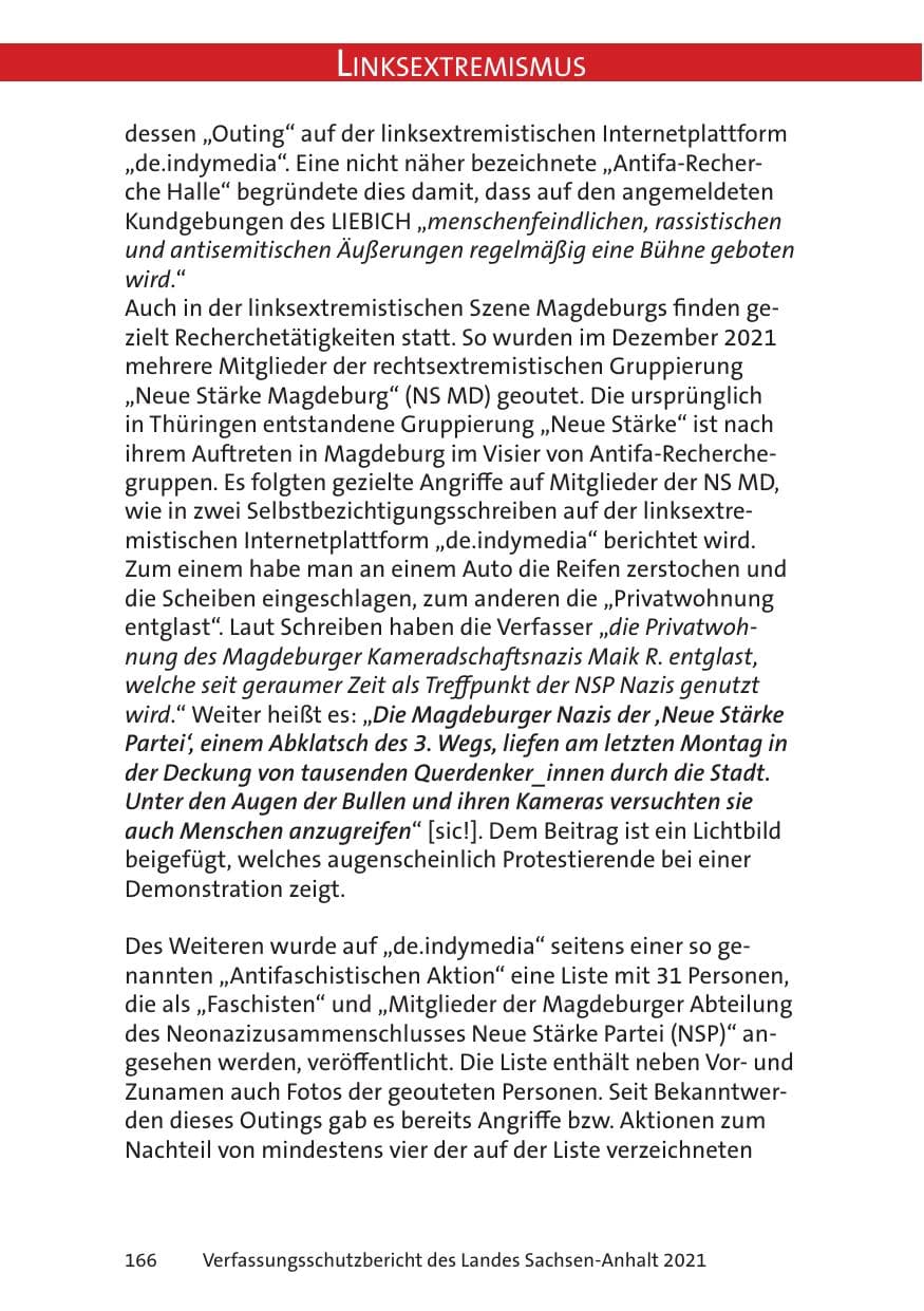 Seite 168 des Verfassungsschutzbericht 2021 Sachsen-Anhalt
