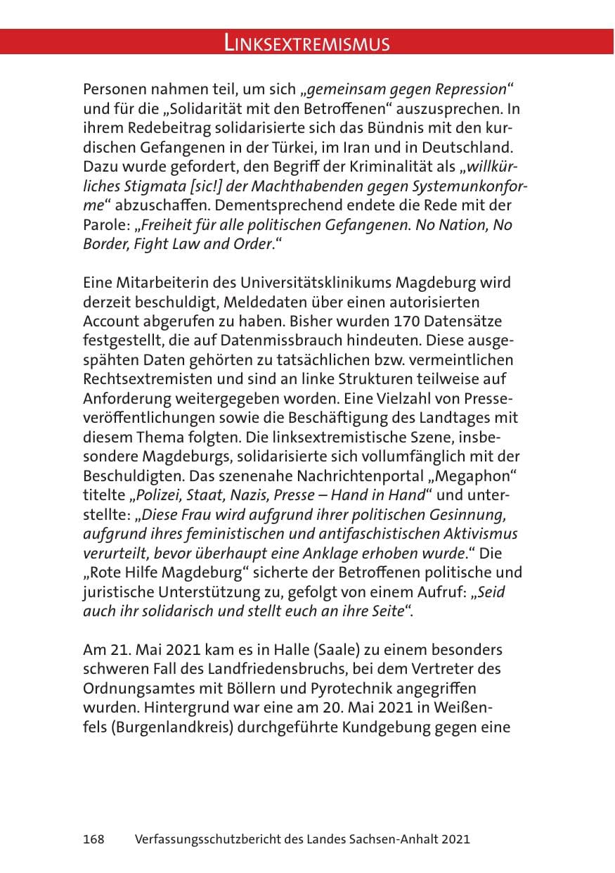 Seite 170 des Verfassungsschutzbericht 2021 Sachsen-Anhalt