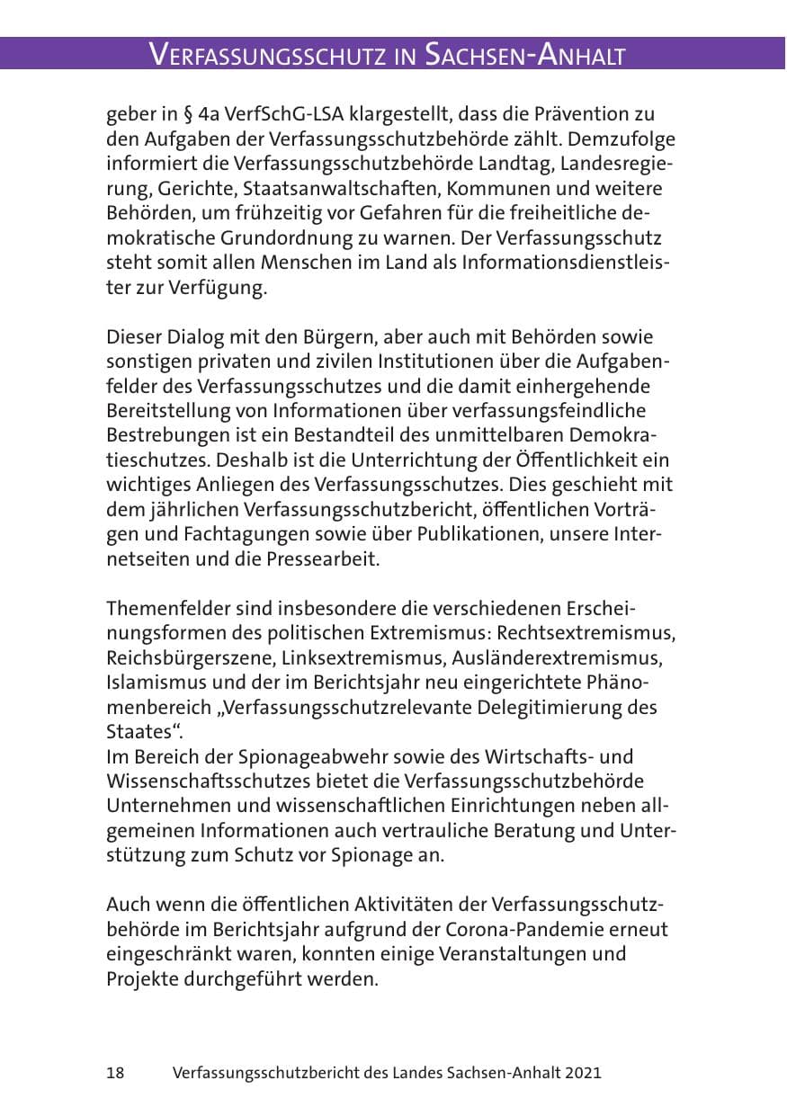 Seite 20 des Verfassungsschutzbericht 2021 Sachsen-Anhalt