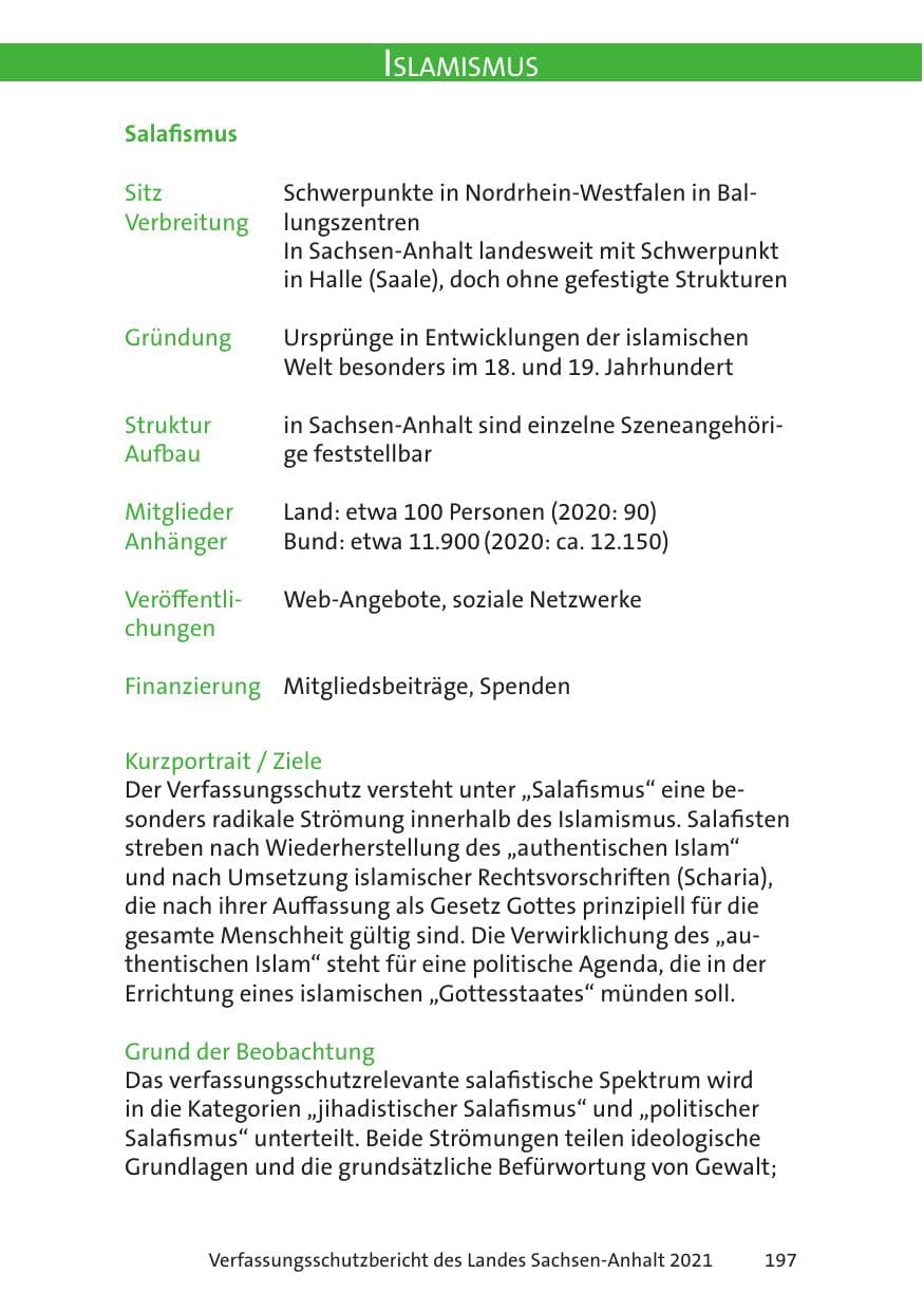 Seite 199 des Verfassungsschutzbericht 2021 Sachsen-Anhalt