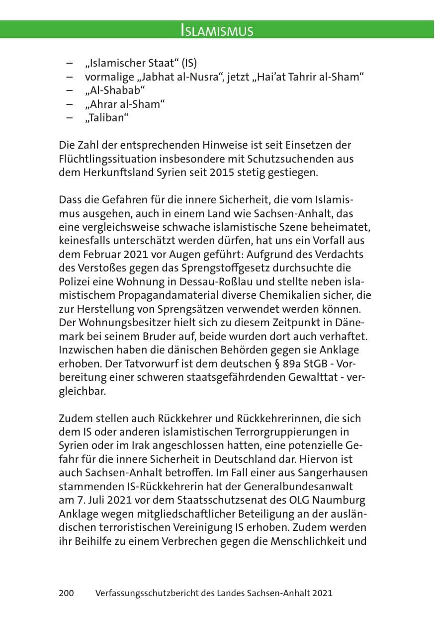 Seite 202 des Verfassungsschutzbericht 2021 Sachsen-Anhalt