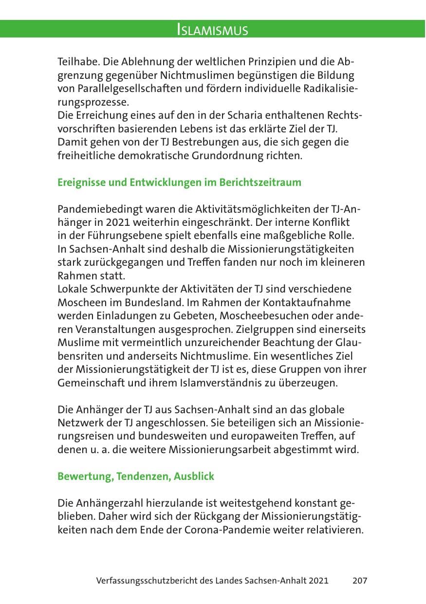 Seite 209 des Verfassungsschutzbericht 2021 Sachsen-Anhalt