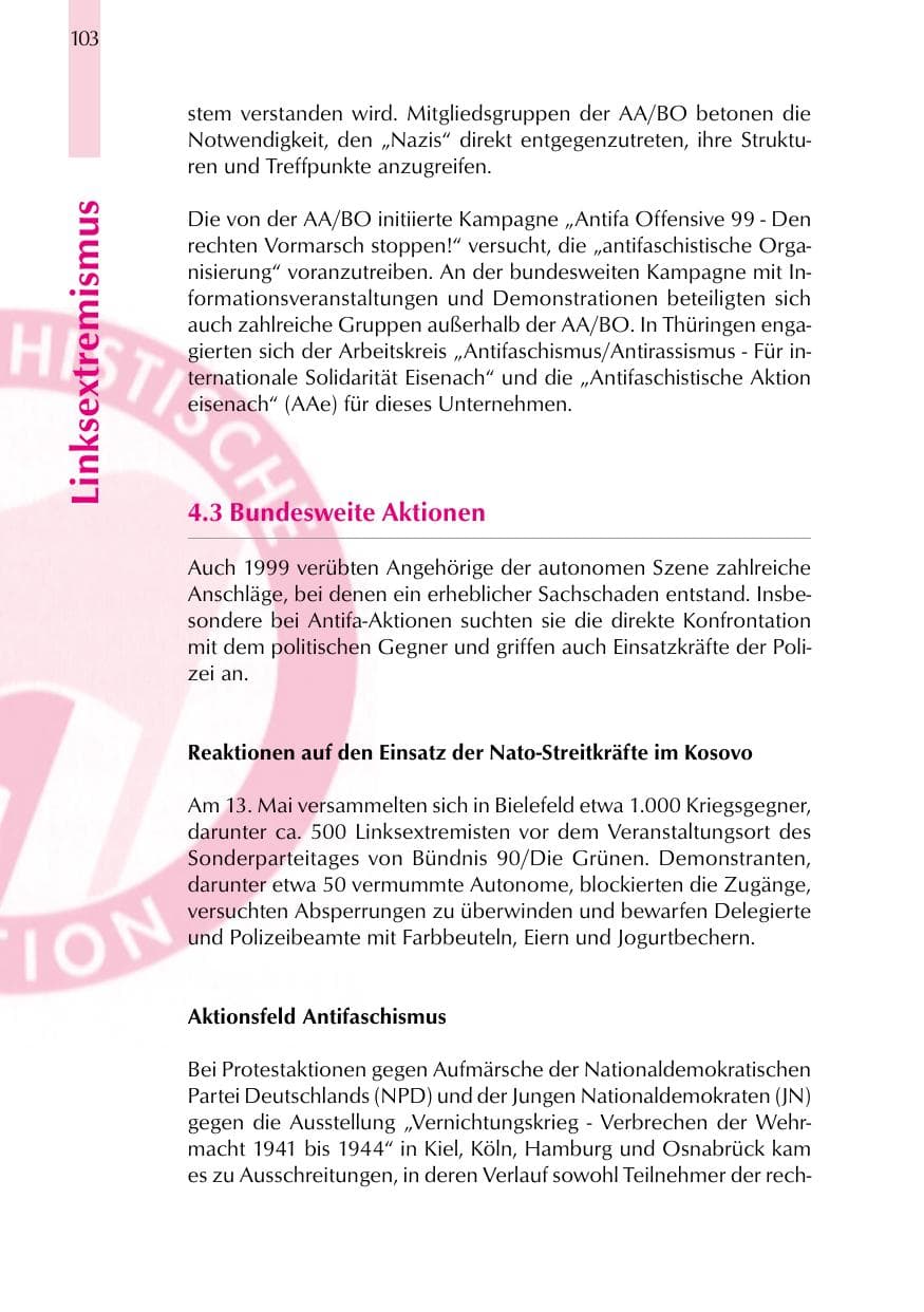 Seite 103 des Verfassungsschutzbericht 1999 Thüringen