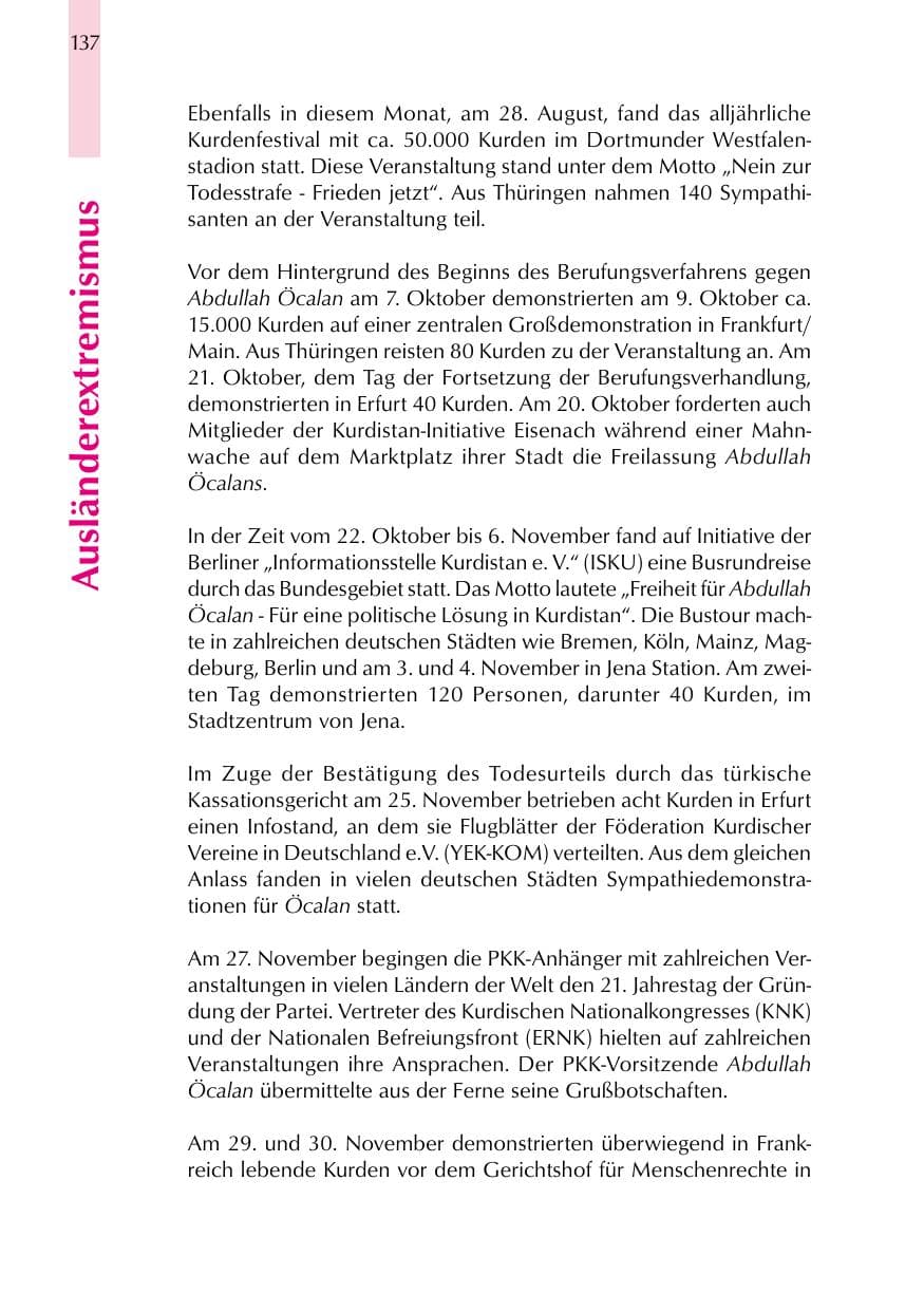 Seite 137 des Verfassungsschutzbericht 1999 Thüringen