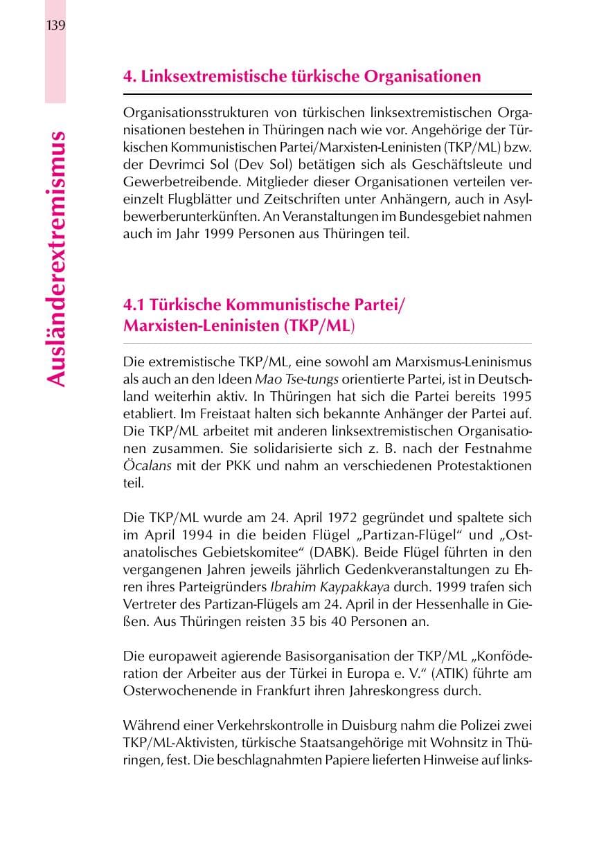 Seite 139 des Verfassungsschutzbericht 1999 Thüringen