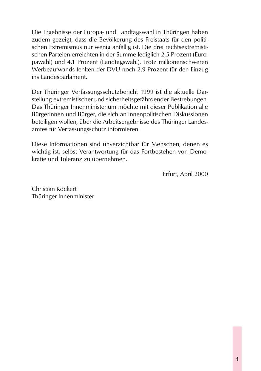 Seite 4 des Verfassungsschutzbericht 1999 Thüringen