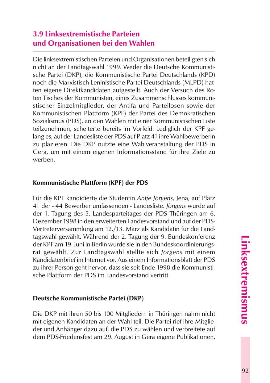 Seite 92 des Verfassungsschutzbericht 1999 Thüringen