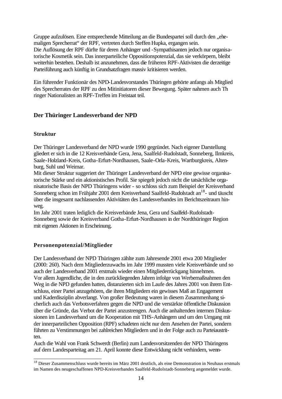 Seite 14 des Verfassungsschutzbericht 2001 Thüringen