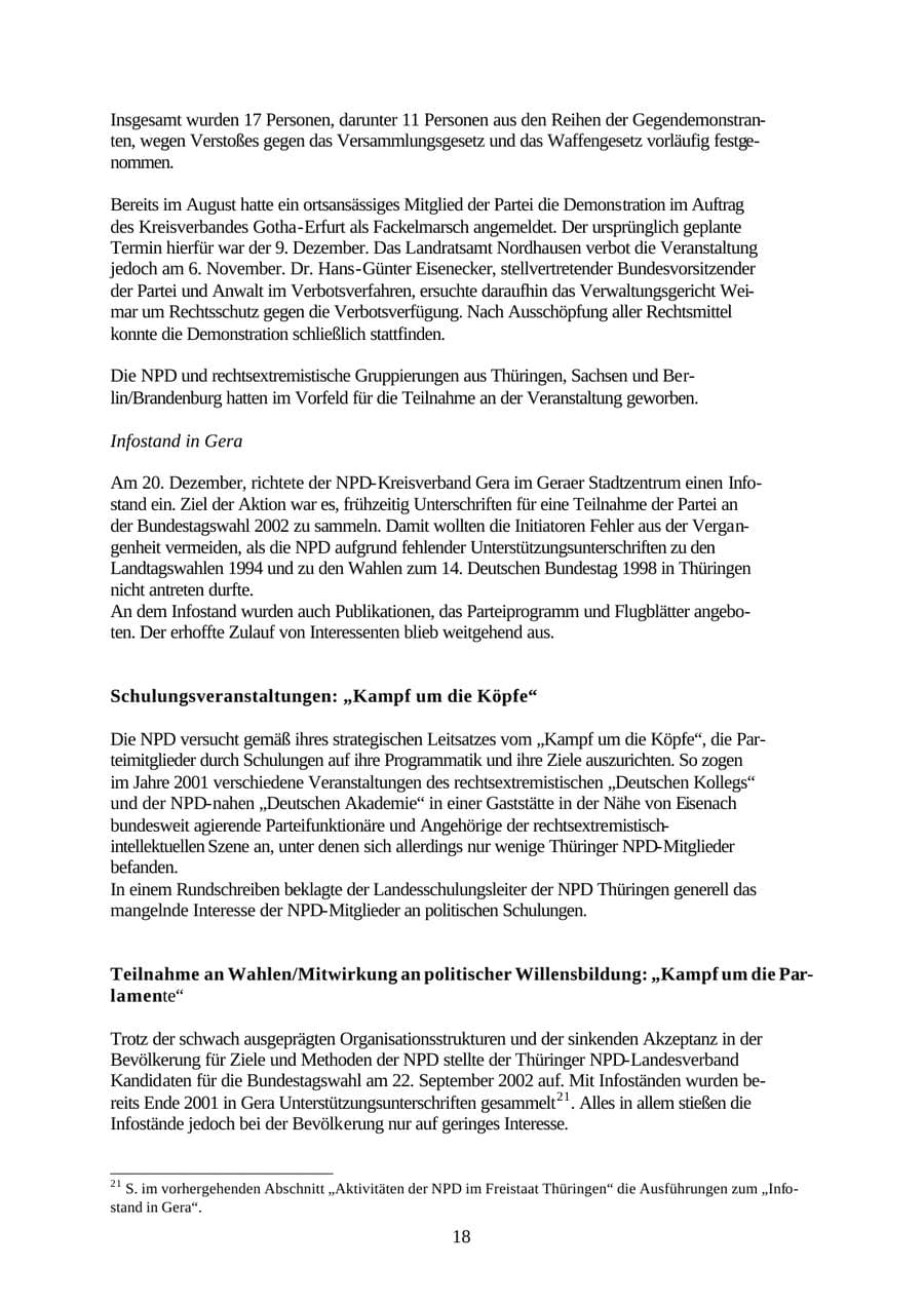 Seite 18 des Verfassungsschutzbericht 2001 Thüringen