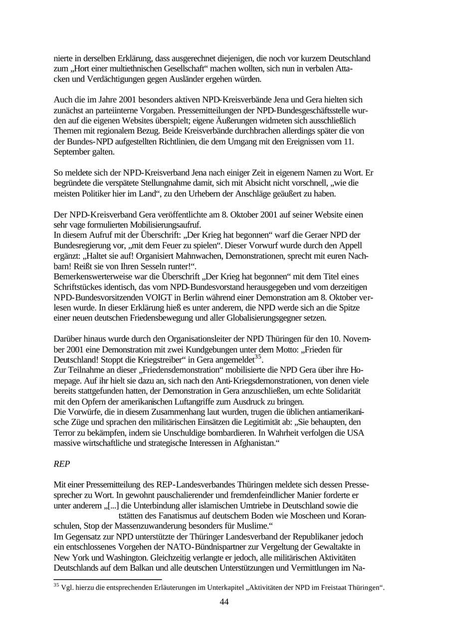 Seite 44 des Verfassungsschutzbericht 2001 Thüringen