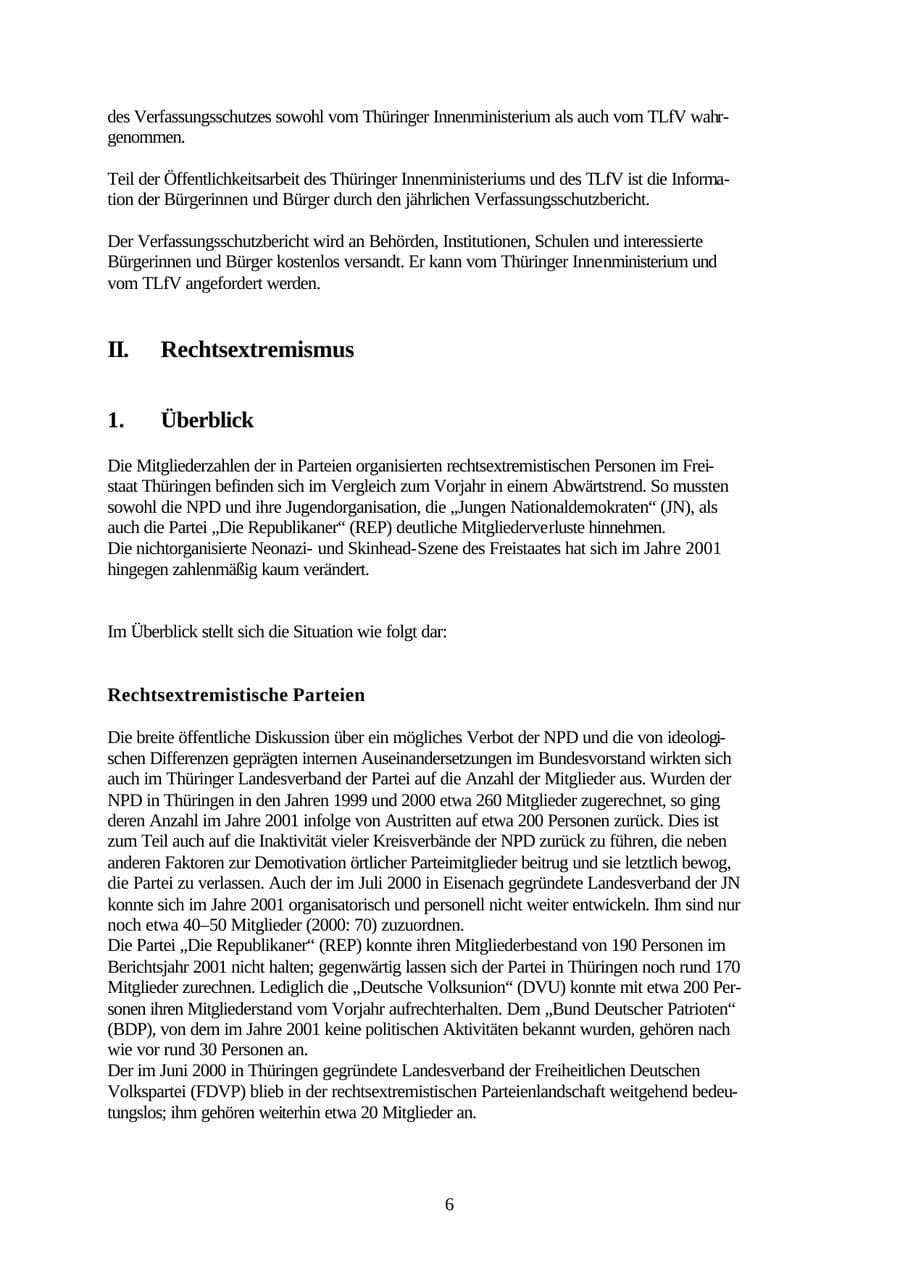 Seite 6 des Verfassungsschutzbericht 2001 Thüringen