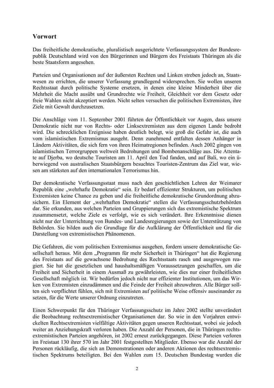 Seite 2 des Verfassungsschutzbericht 2002 Thüringen