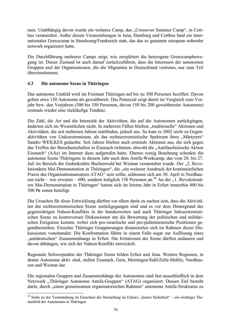 Seite 70 des Verfassungsschutzbericht 2002 Thüringen