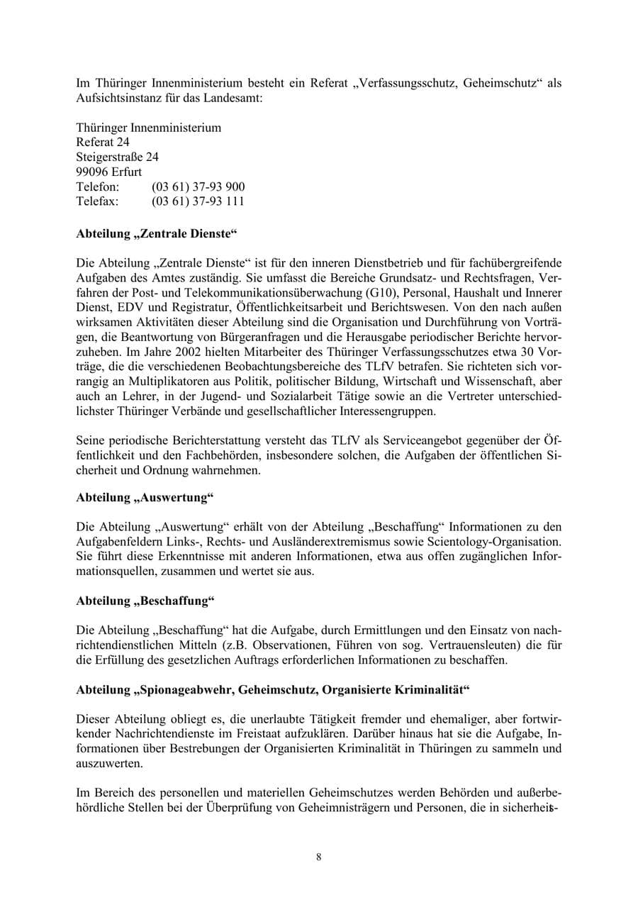 Seite 8 des Verfassungsschutzbericht 2002 Thüringen