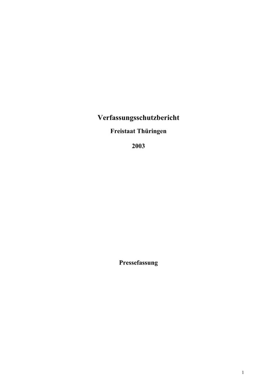 Seite 1 des Verfassungsschutzbericht 2003 Thüringen