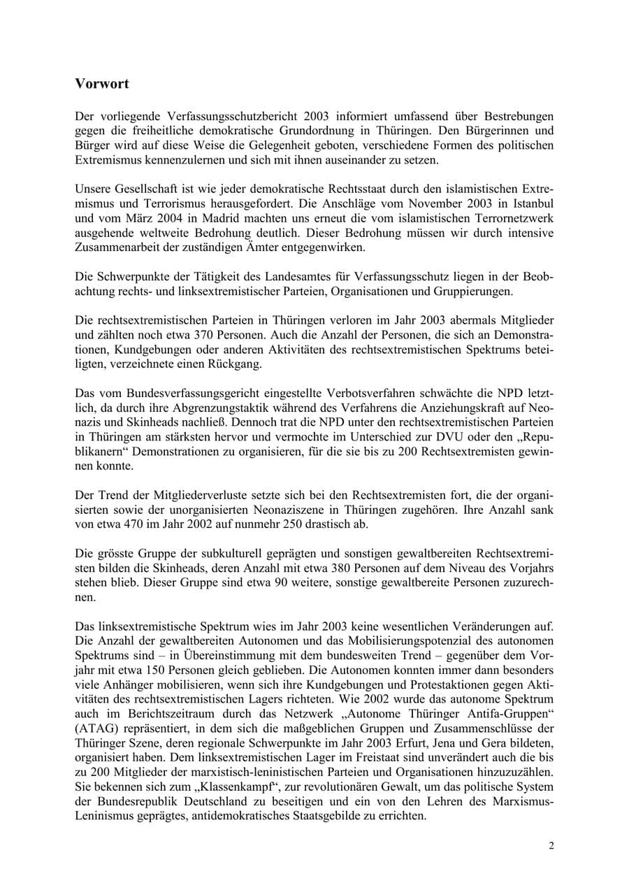Seite 2 des Verfassungsschutzbericht 2003 Thüringen
