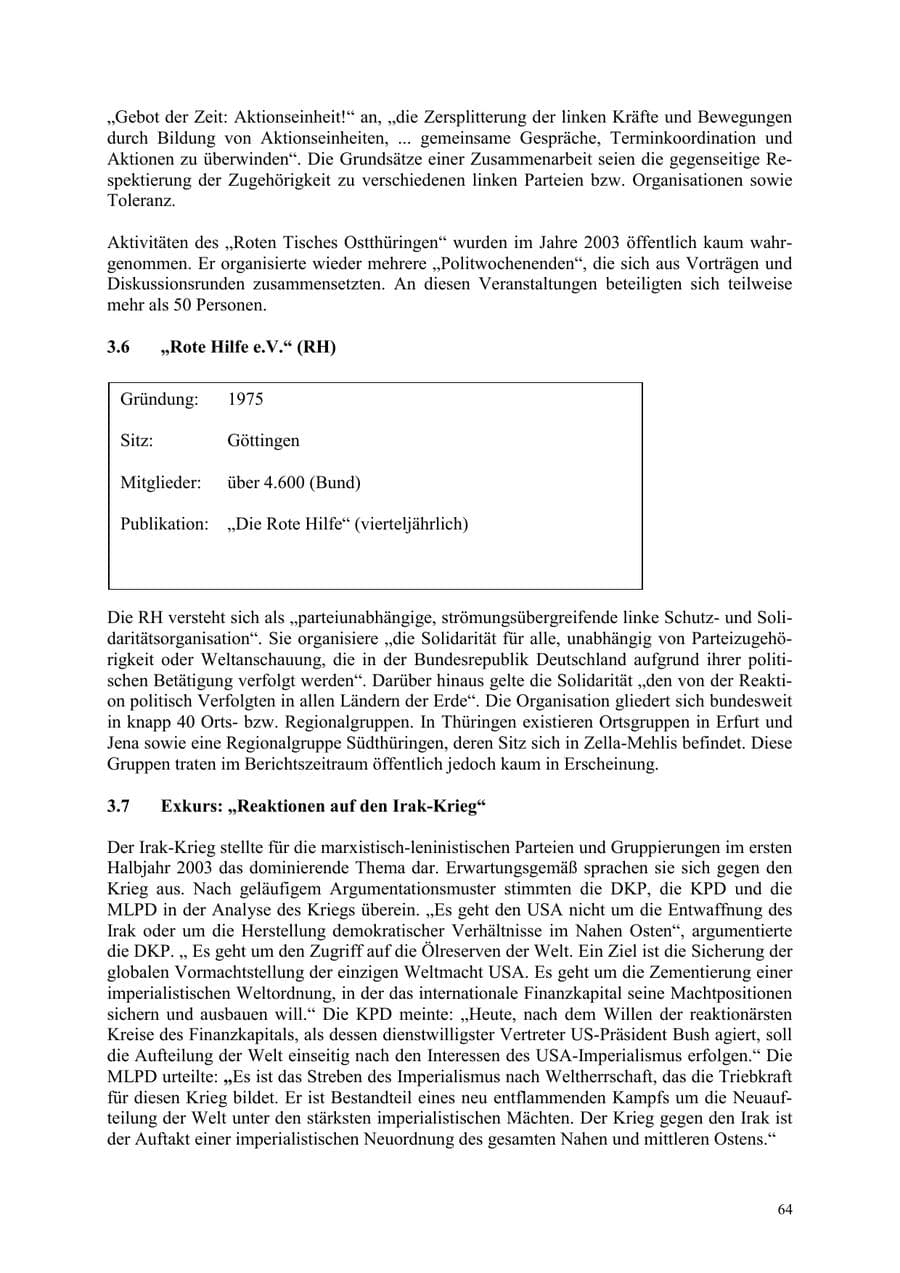 Seite 64 des Verfassungsschutzbericht 2003 Thüringen