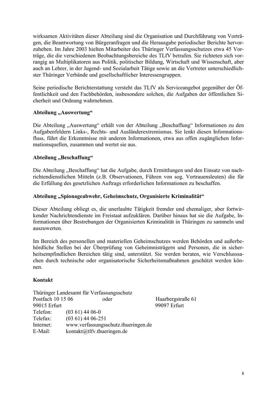Seite 8 des Verfassungsschutzbericht 2003 Thüringen