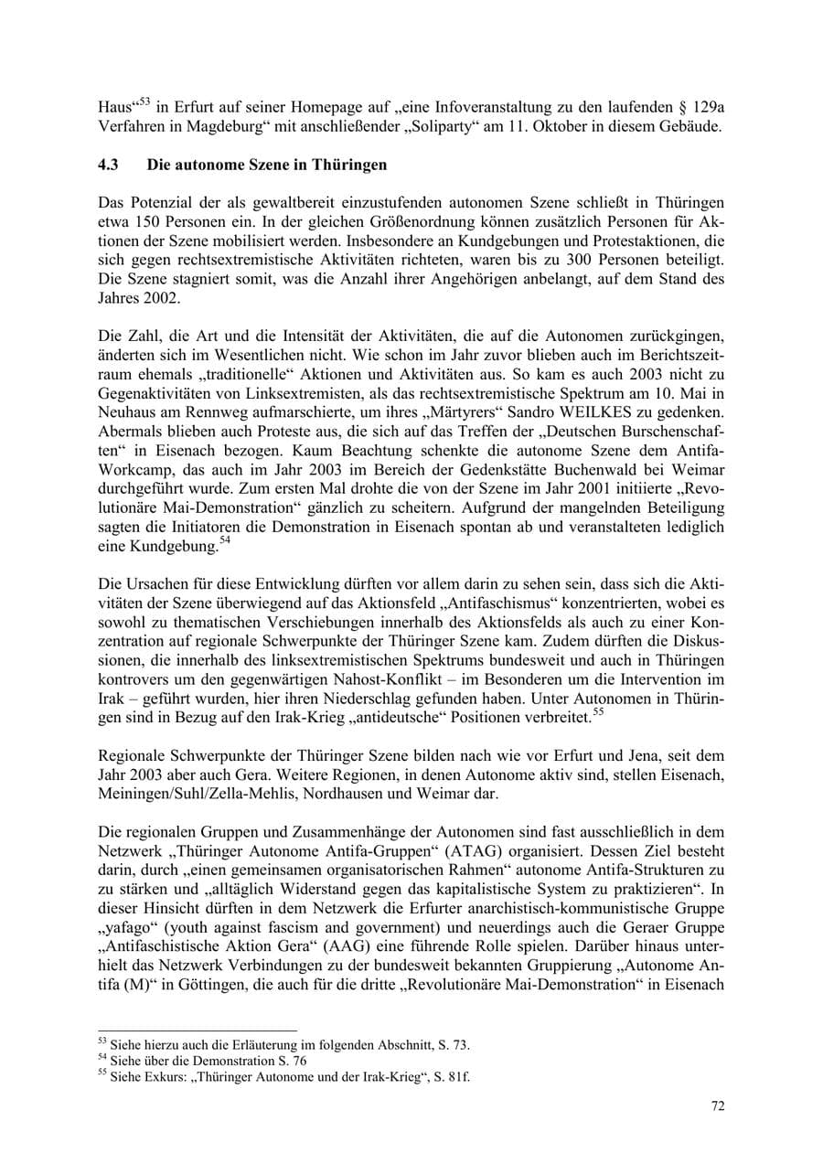 Seite 72 des Verfassungsschutzbericht 2003 Thüringen