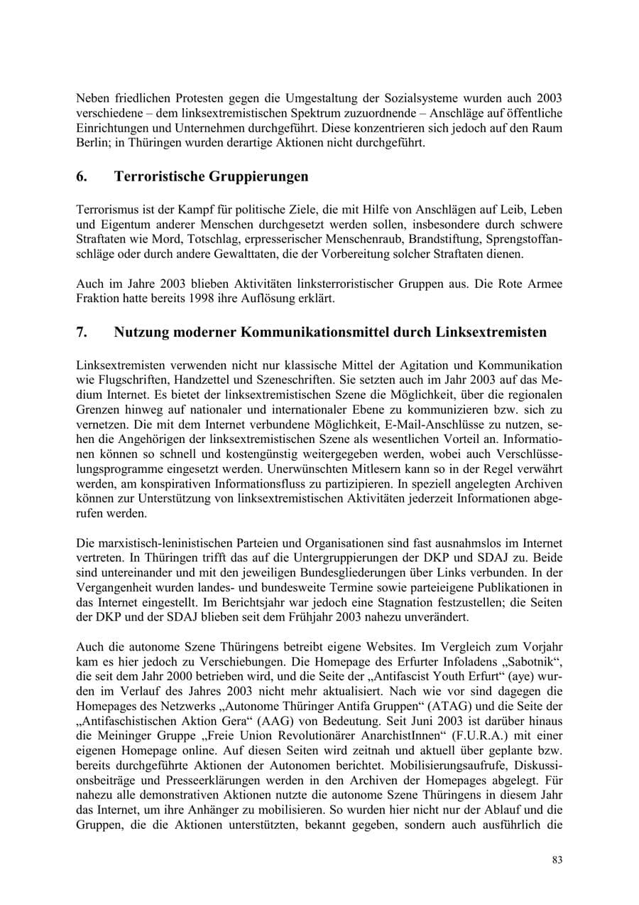 Seite 83 des Verfassungsschutzbericht 2003 Thüringen