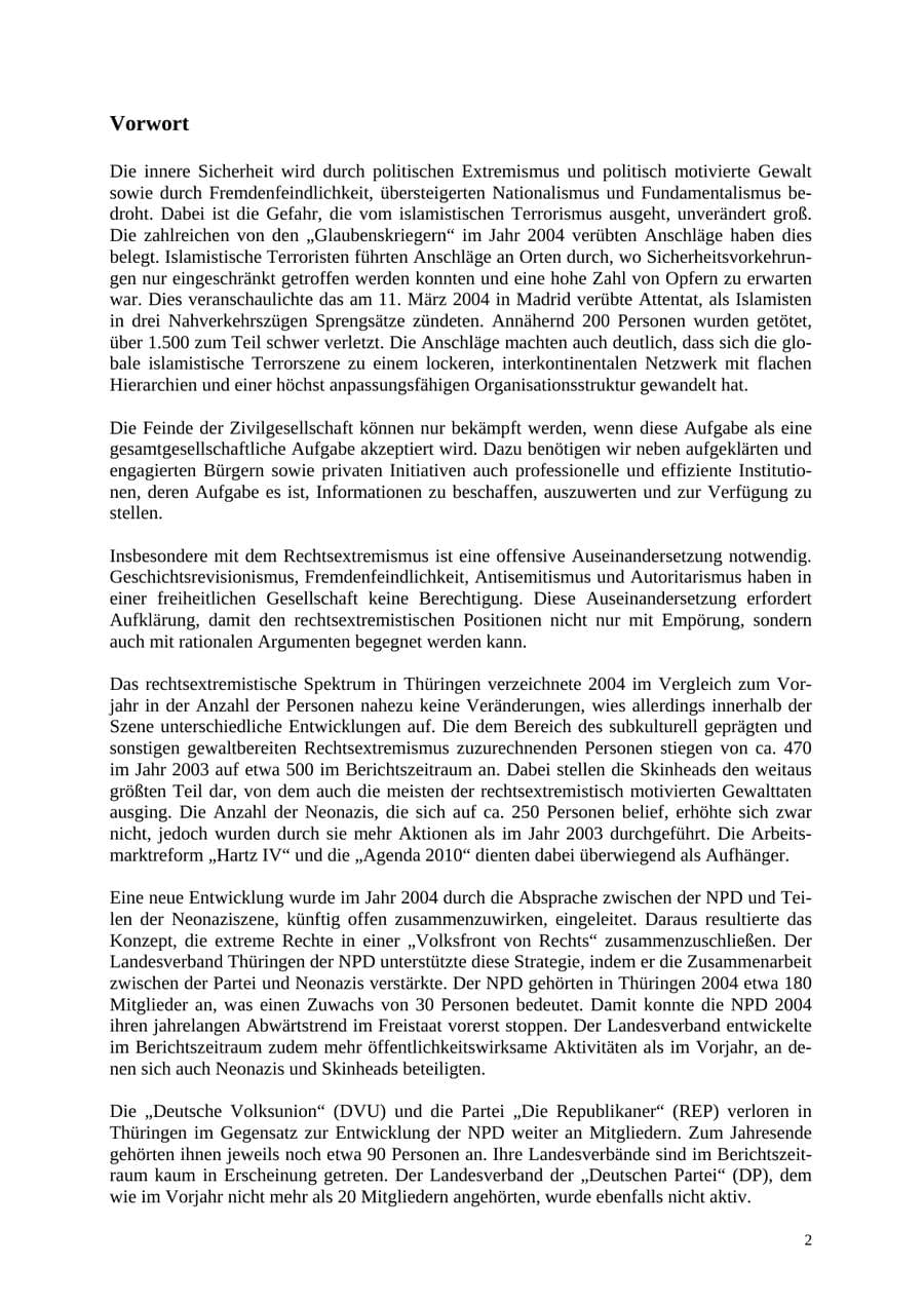 Seite 2 des Verfassungsschutzbericht 2004 Thüringen