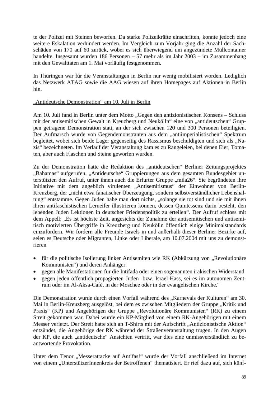 Seite 89 des Verfassungsschutzbericht 2004 Thüringen
