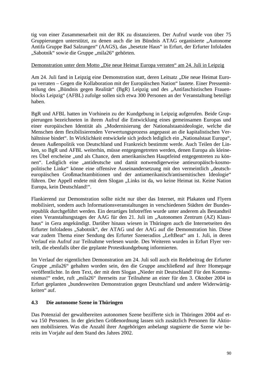 Seite 90 des Verfassungsschutzbericht 2004 Thüringen
