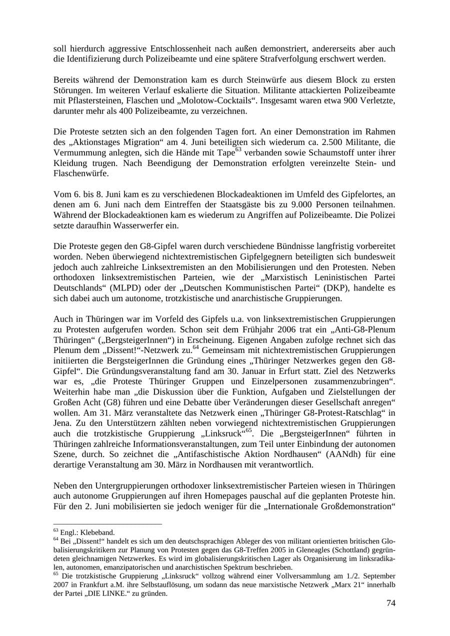 Seite 74 des Verfassungsschutzbericht 2007 Thüringen