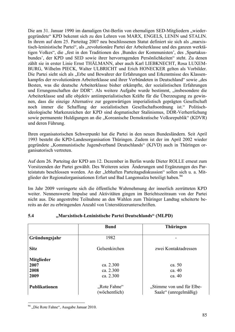 Seite 86 des Verfassungsschutzbericht 2009 Thüringen