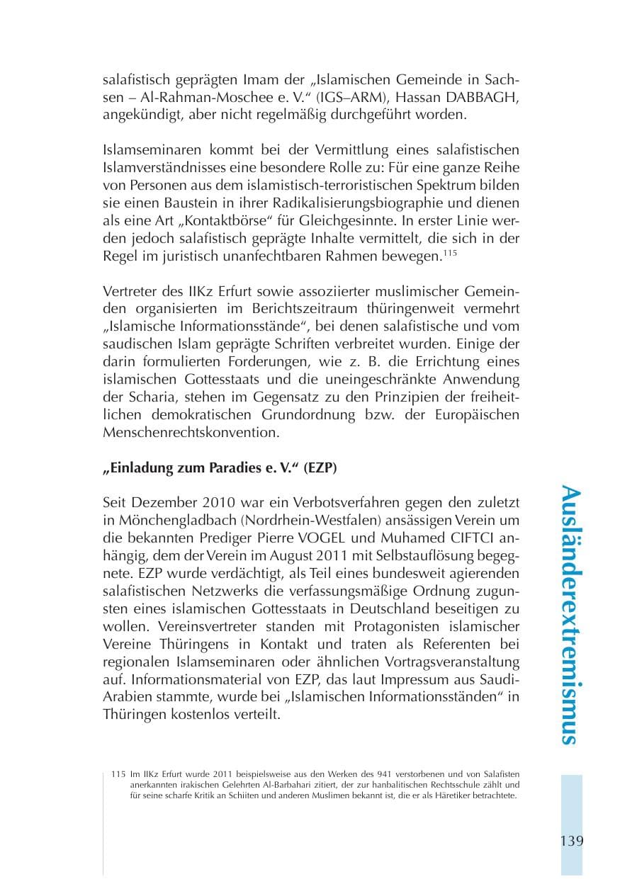 Seite 139 des Verfassungsschutzbericht 2011 Thüringen