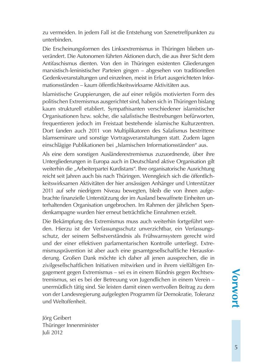 Seite 5 des Verfassungsschutzbericht 2011 Thüringen