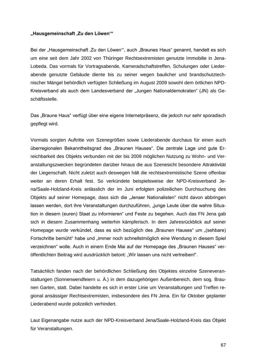 Seite 67 des Verfassungsschutzbericht 2012 Thüringen