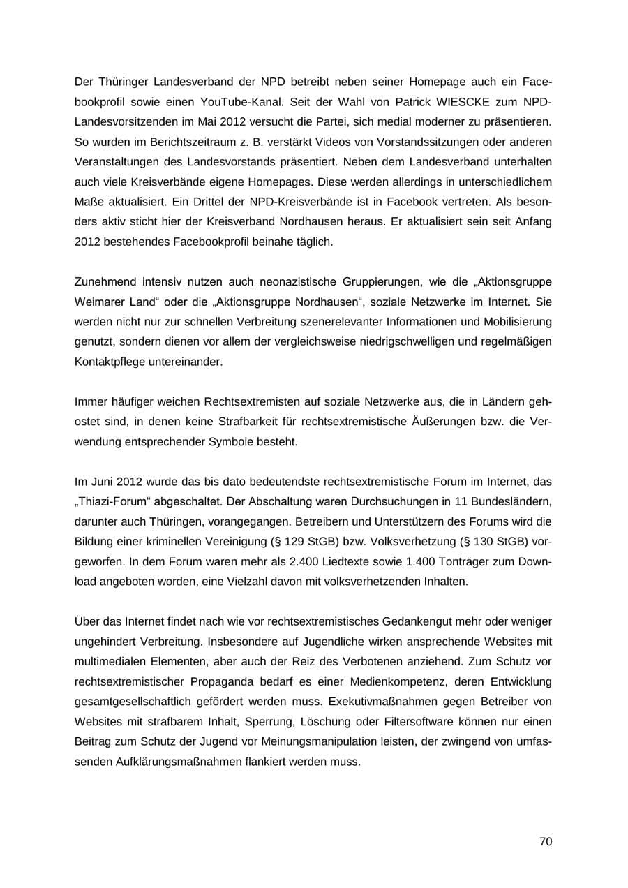 Seite 70 des Verfassungsschutzbericht 2012 Thüringen