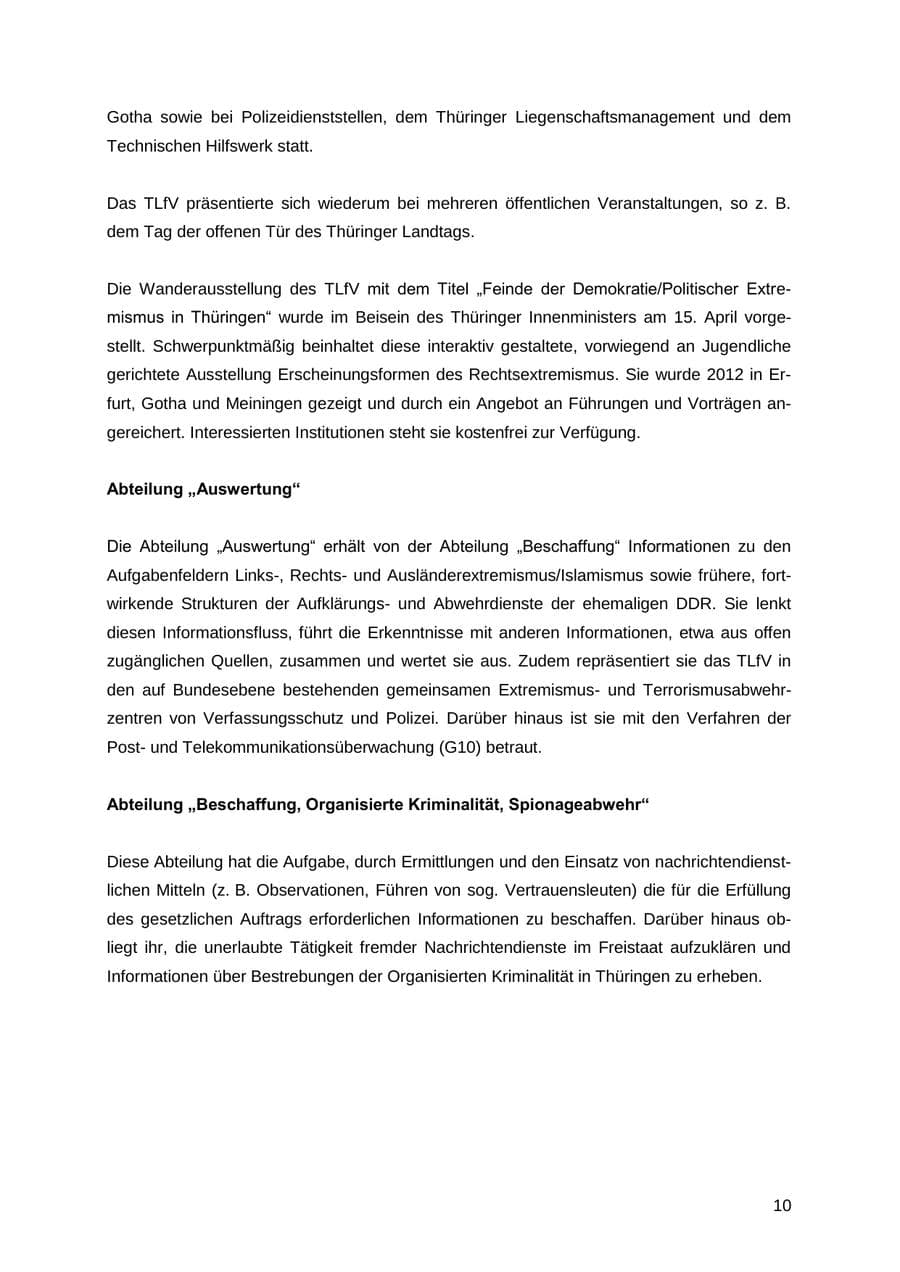 Seite 10 des Verfassungsschutzbericht 2012 Thüringen