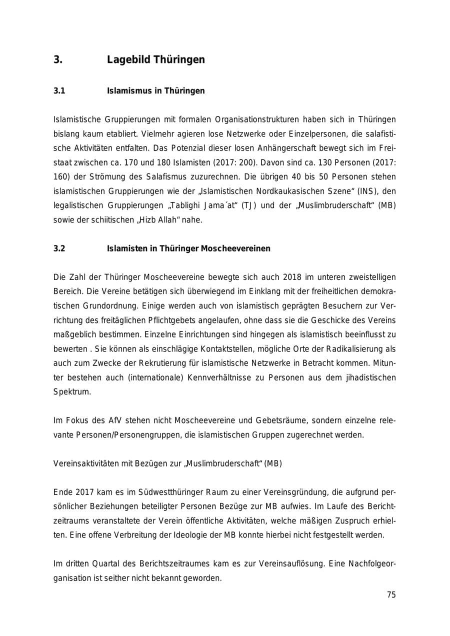 Seite 75 des Verfassungsschutzbericht 2018 Thüringen
