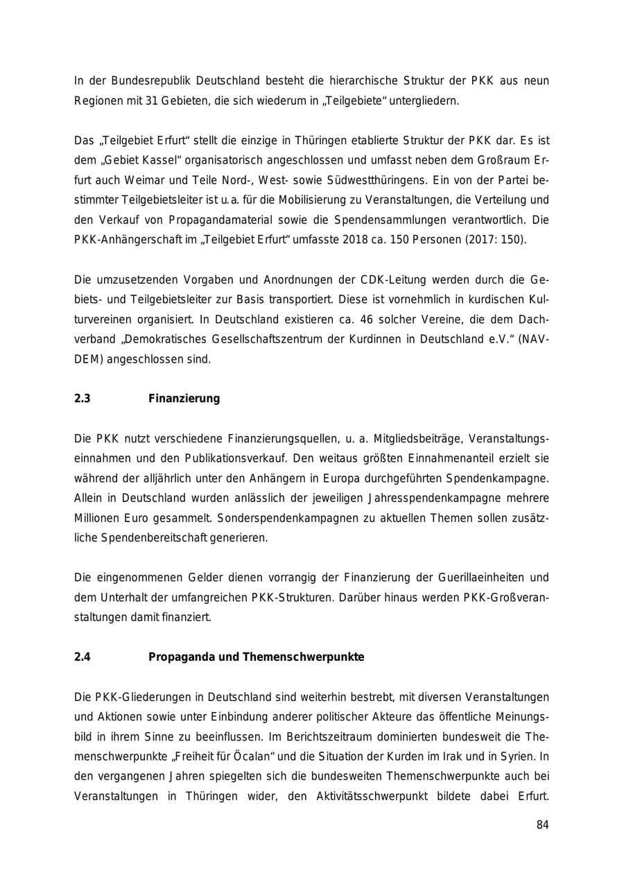 Seite 84 des Verfassungsschutzbericht 2018 Thüringen