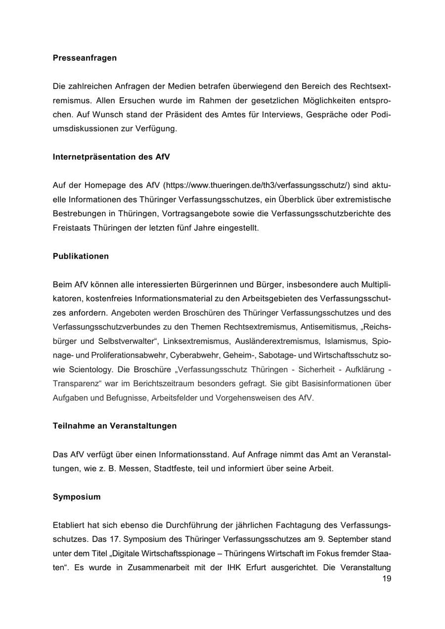 Seite 20 des Verfassungsschutzbericht 2019 Thüringen
