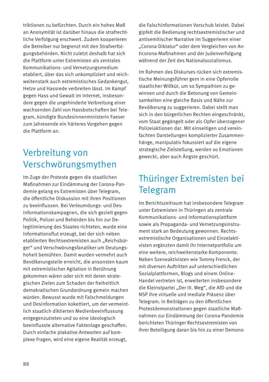 Seite 88 des Verfassungsschutzbericht 2021 Thüringen