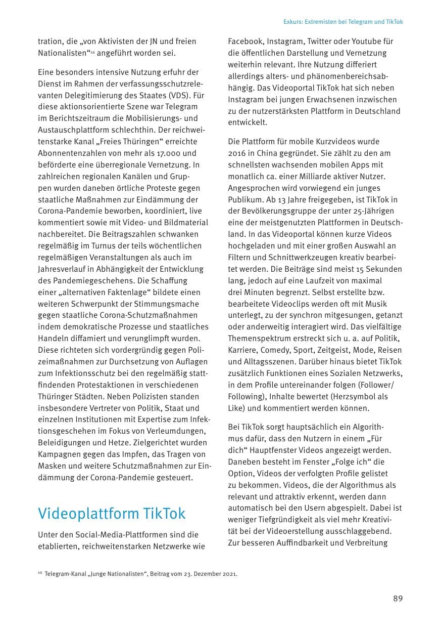 Seite 89 des Verfassungsschutzbericht 2021 Thüringen