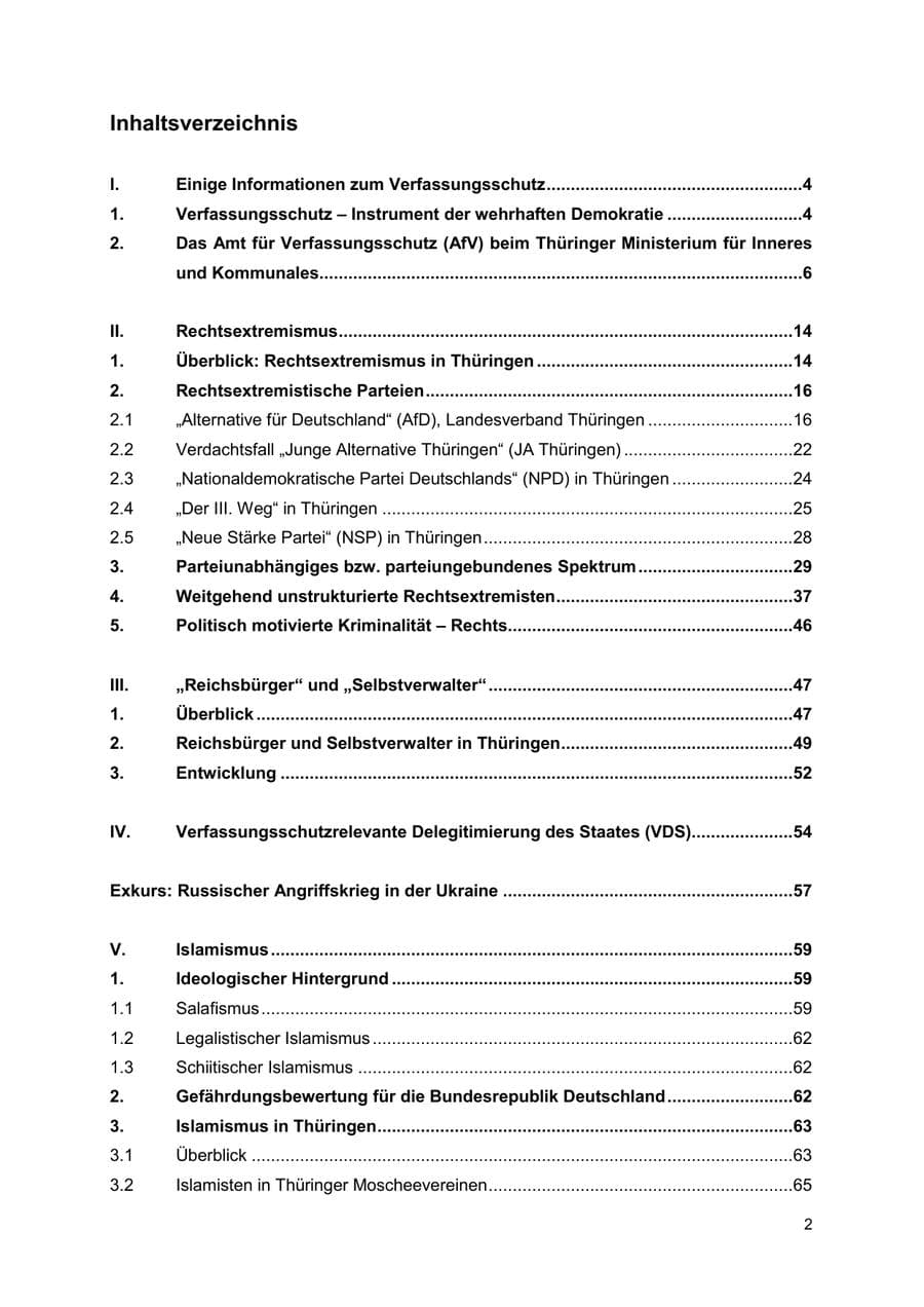 Seite 2 des Verfassungsschutzbericht 2022 Thüringen