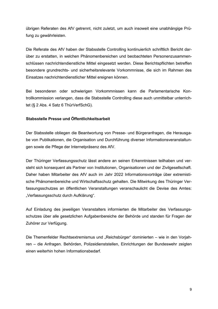 Seite 9 des Verfassungsschutzbericht 2022 Thüringen