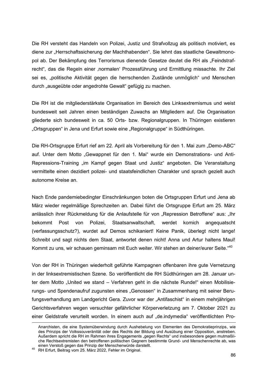 Seite 86 des Verfassungsschutzbericht 2022 Thüringen